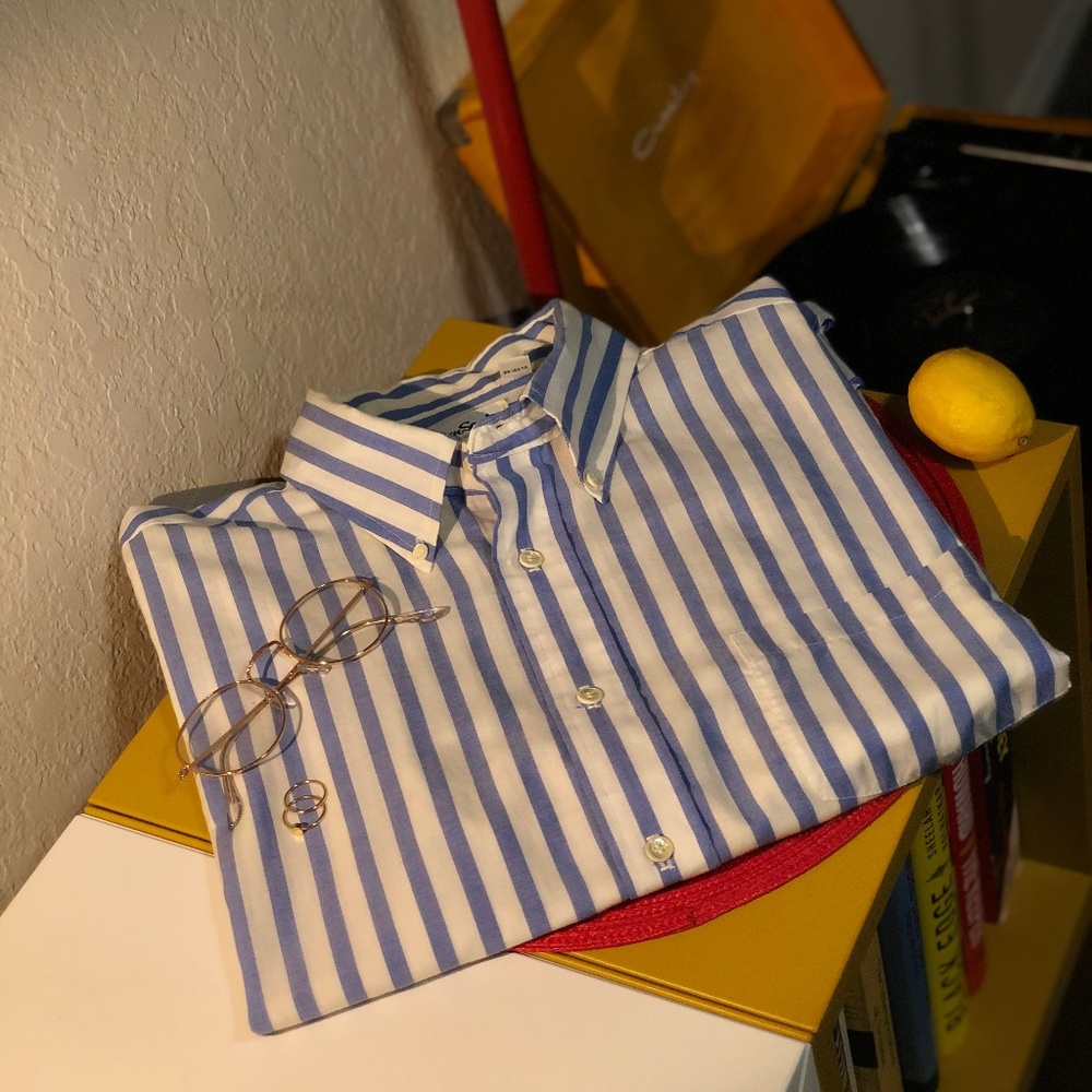 Robinsons White Blue Button Down Short Sleeve L